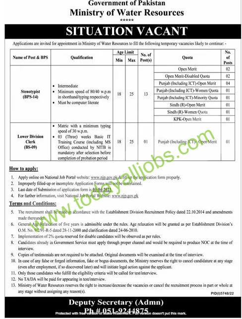 Stenotypists Vacancies in Ministry of Water Resources 2023 Today All Jobs