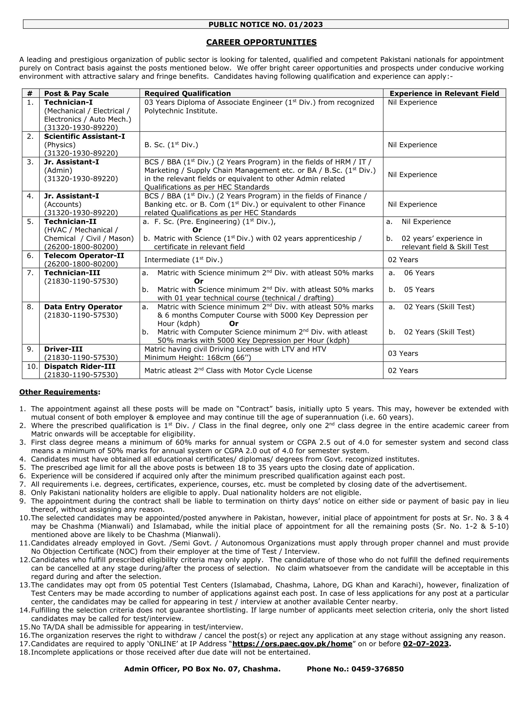 PAEC jobs advertisement 2023