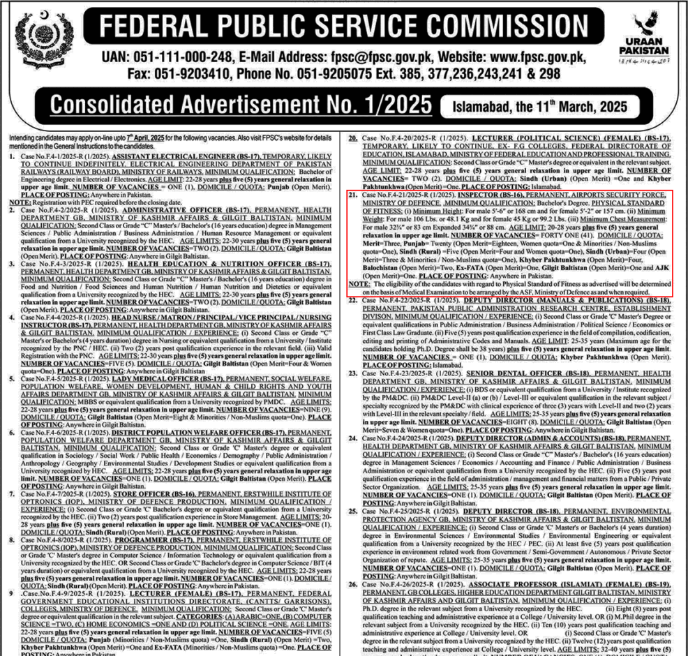 Inspector Jobs in Airports Security Force 2025